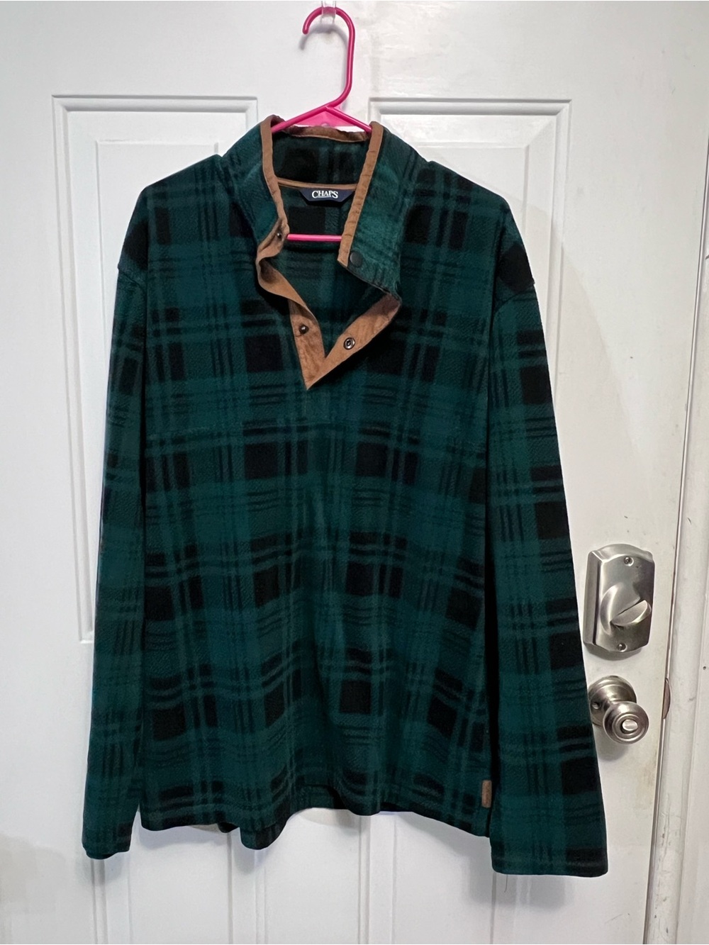 CHAPS Men’s XL Juniper Green Black Plaid Fleece Pullover Elbow Patches